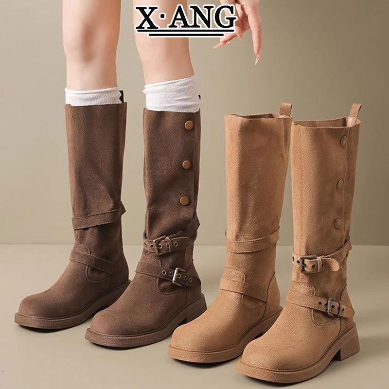 Cowhide version but knee knight boots women's single boots thick heel thin high boots long boots Maillard western cowboy boots