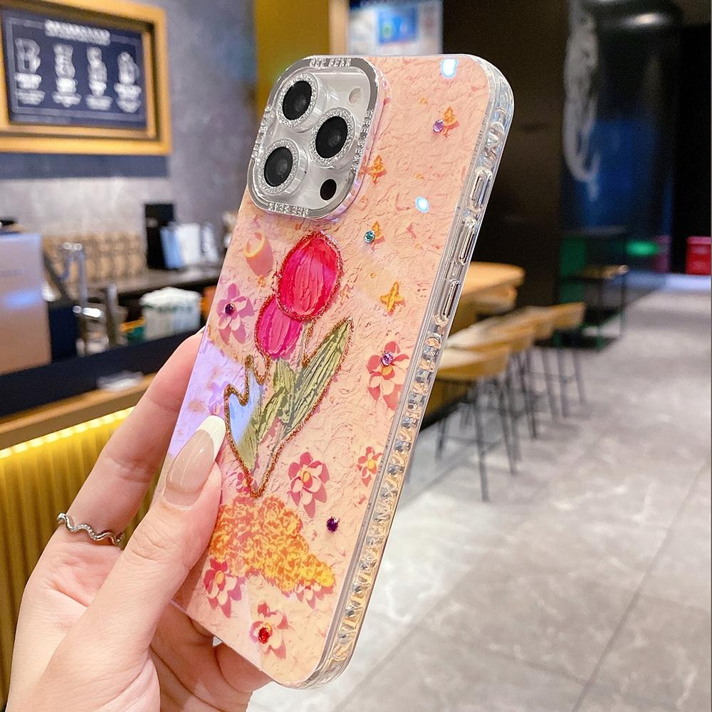 For iphone 15 Pro Max 14 plus Sparkling Pink Silver Lens Circle Fashion Flower Phone Case For iphone 15 14 13 12 Pro Max 11 Soft silicone Back Cover