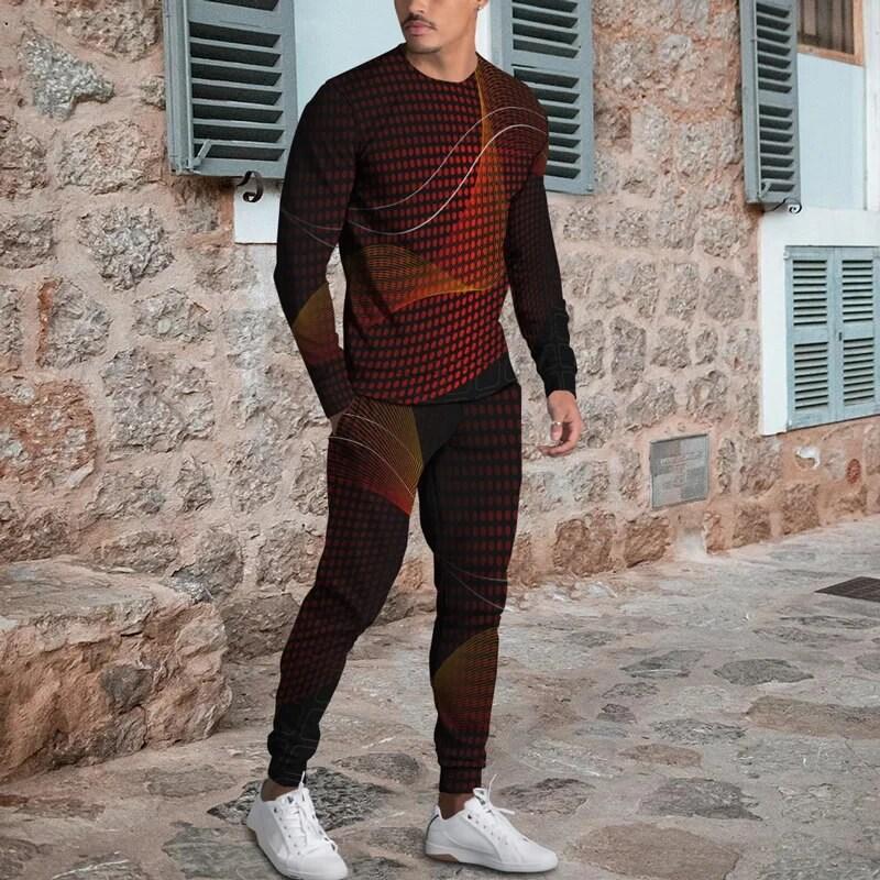 2024 Men's Long Sleeve T-shirt Two-piece European Charm 3d Printed Pattern Popular Street Wear  Loose Suit