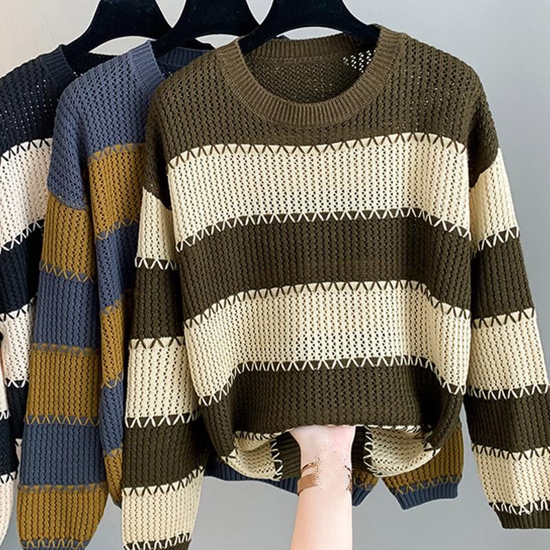 Women Sweaters Pullovers 2025 Autumn Winter Long Sleeve O-Neck Black Striped Knitted Sweater Women Tops Pullover JJ74