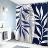 Navy Blue Boho Leaf Shower Curtain – Mid-Century Modern Abstract Design, Stylish Bathroom Decor 12Pcs Hooks 71X71In