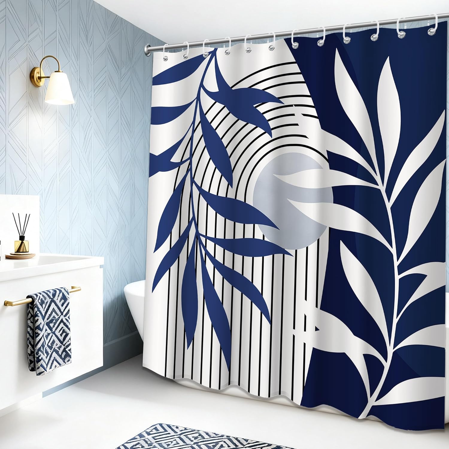 Pandara Jewelry Blue Navy Boho Leaf Shower Curtain – Mid-Century Modern Abstract Design, Stylish Bathroom Decor 12Pcs Hooks 71X71in