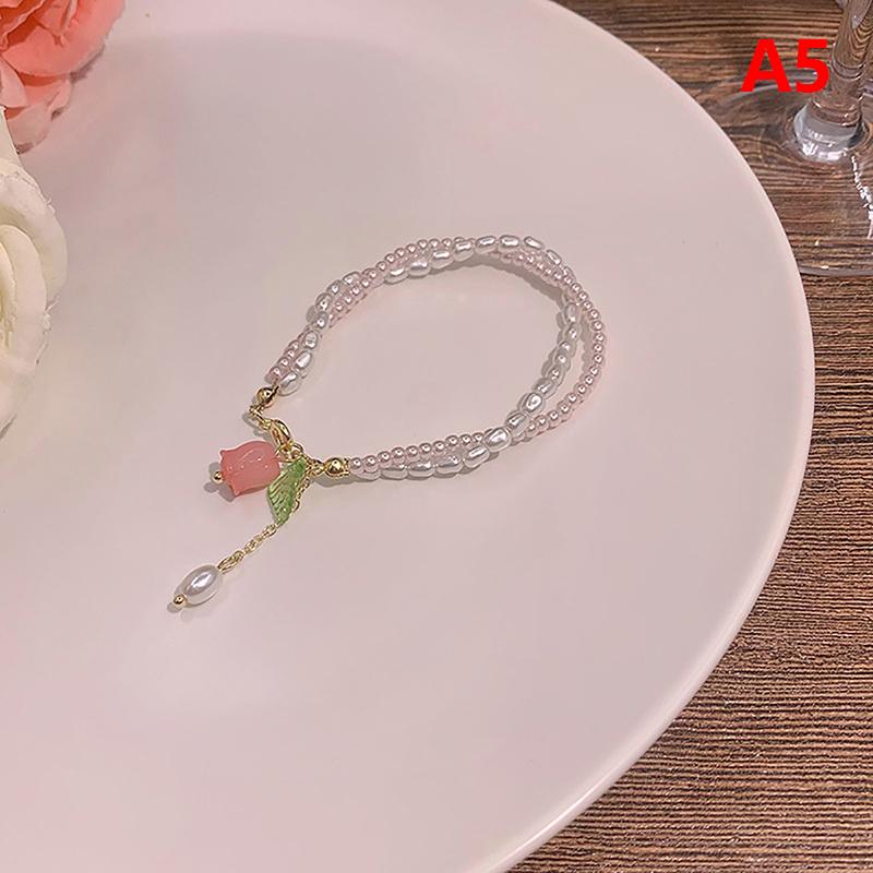Korean Light Luxury Tulip Flower Bracelet For Women Shiny Zircon Opal Pearl Beaded Rose Adjustable Charm Bracelet Trendy Jewelry