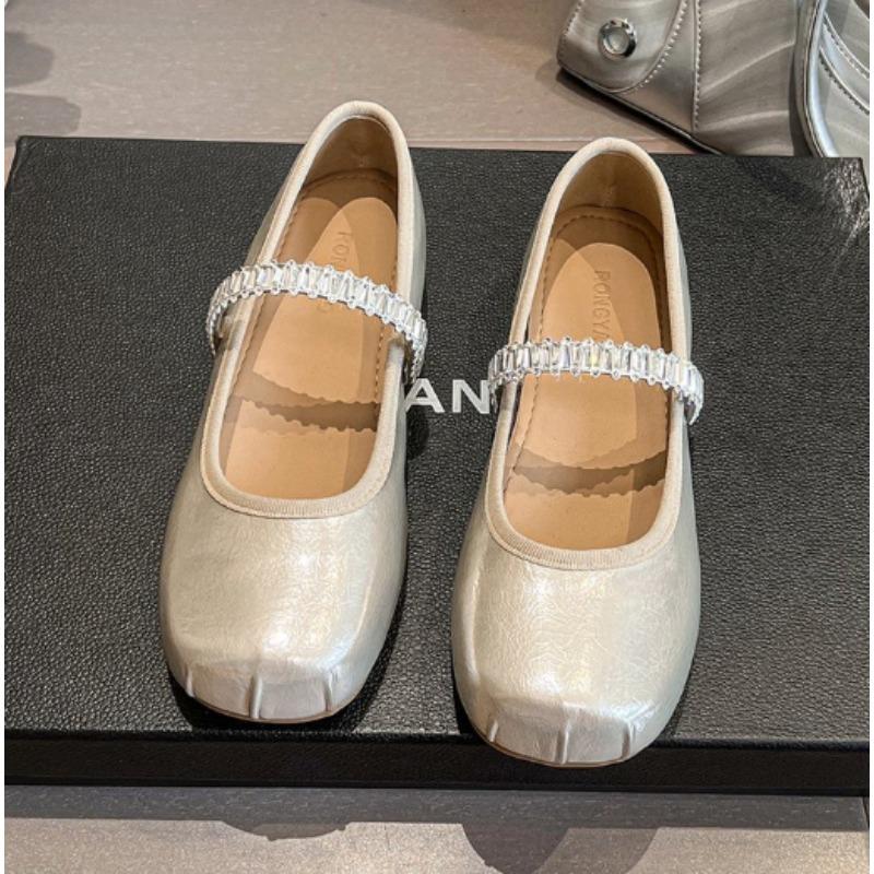 Prägnante Damen-Loafer mit niedrigem Absatz, glänzenden Kristallen, weicher Sohle, rutschfest, Sommer, leicht, eckige Zehenpartie, Plateau, elegant, französische Mary Jane Schuhe