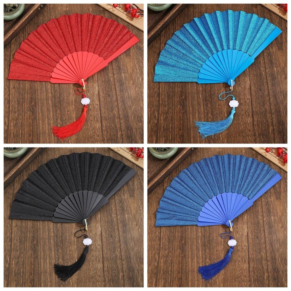 Plastic Folding Fan Tassels Handheld Fan Portable Gold Powder Fan Home Decoration