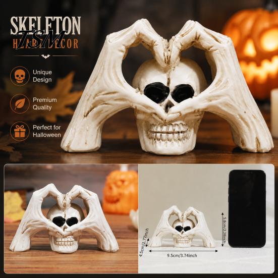 Creative Tricky Festival Gift Gothic Skeleton Hands Heart Sculpture with Skull, Romantic Love Statue, Halloween Theme Souvenir Shape Finger