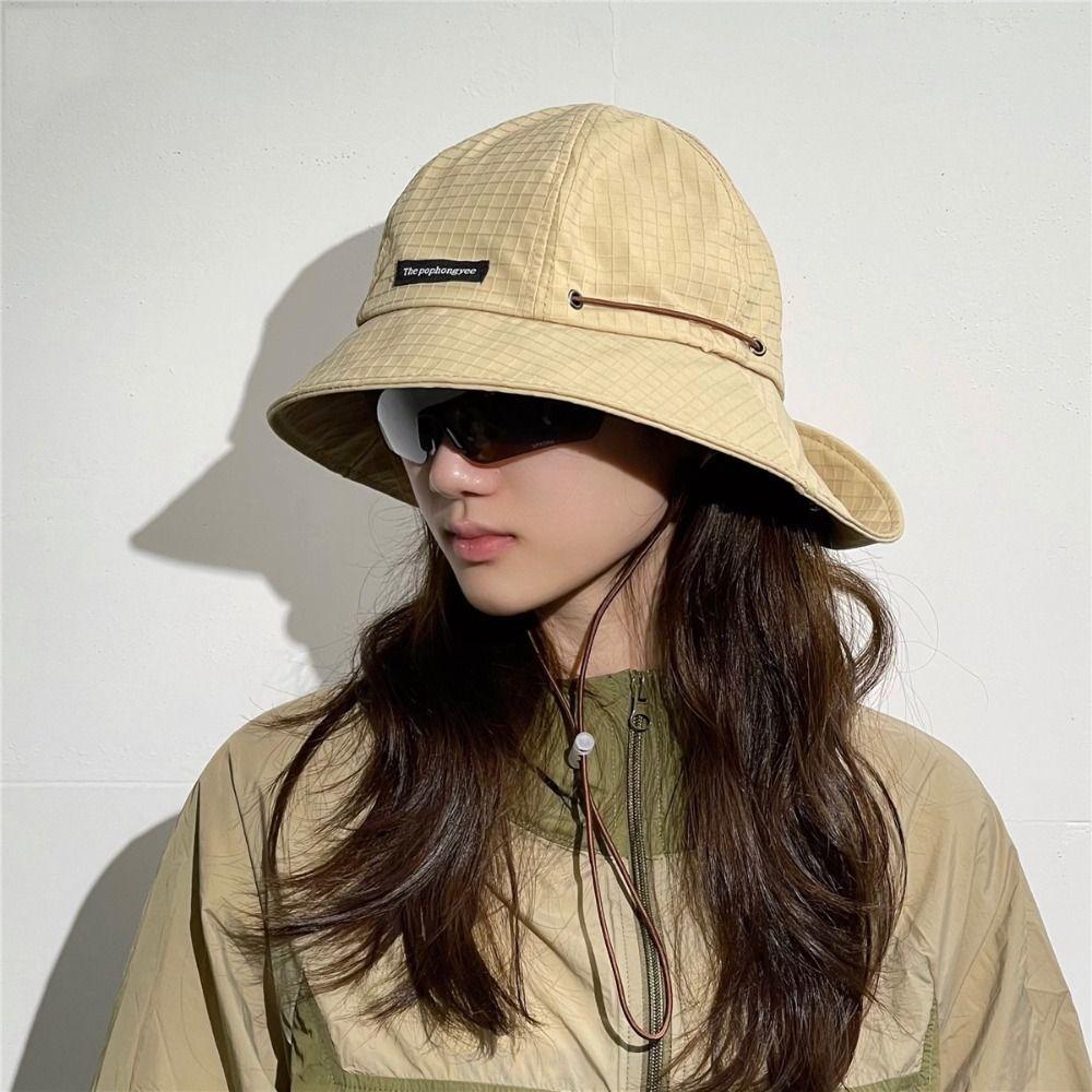 Solid Color Drawstring Fisherman Hat Sun Protection Quick-drying Travel Sun Hat with Neck Cover Foldable Wide Brim Hiking Hat