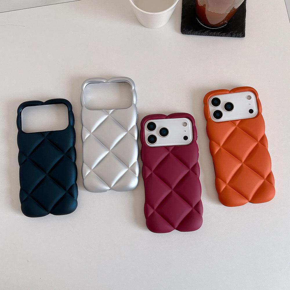 Matte Orange 3D Diamond Pattern Phone Case For iPhone 17 16 15 14 13 12 11 Pro Max Soft Shockproof Silicone Cover Girls