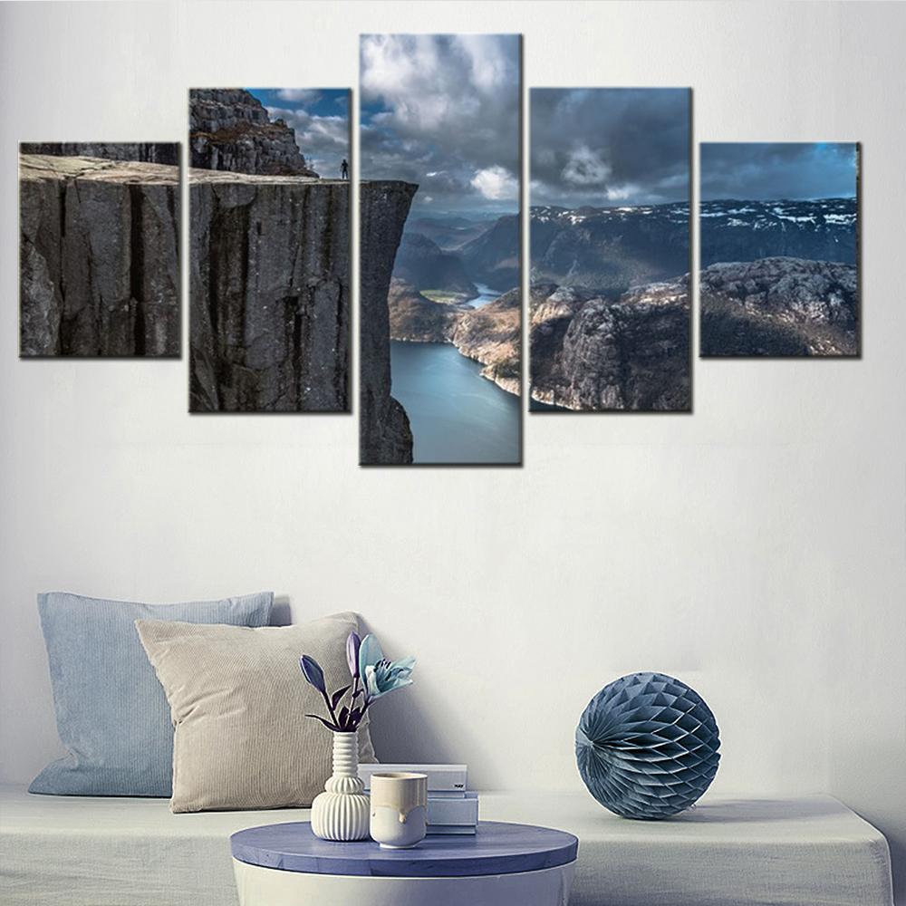 

5 Pieces Canvas Wall Arts Nature Poster Painting Landscape Fjord Alone Cliff Mountain Home Decor Picture Print Living Room Mural 20X35 20X45 20X55CM