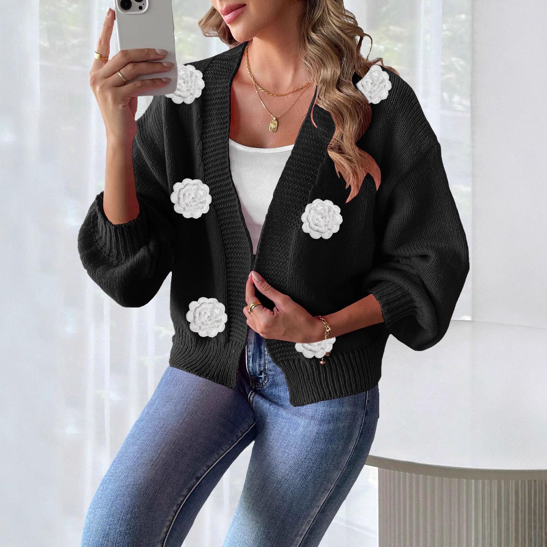 

Новый осенне-зимний кардиган, трехмерный свитер-пальто пэчворк, связанный крючком вручную, для женщин XL чёрный