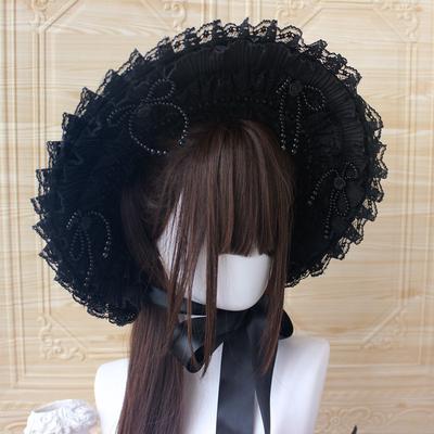 Donker Zwart Meisje Gotische Bonnet Hoed Vintage Victoriaanse Cosplay Lolita Prachtige Kanten Hoed Hoofddeksel