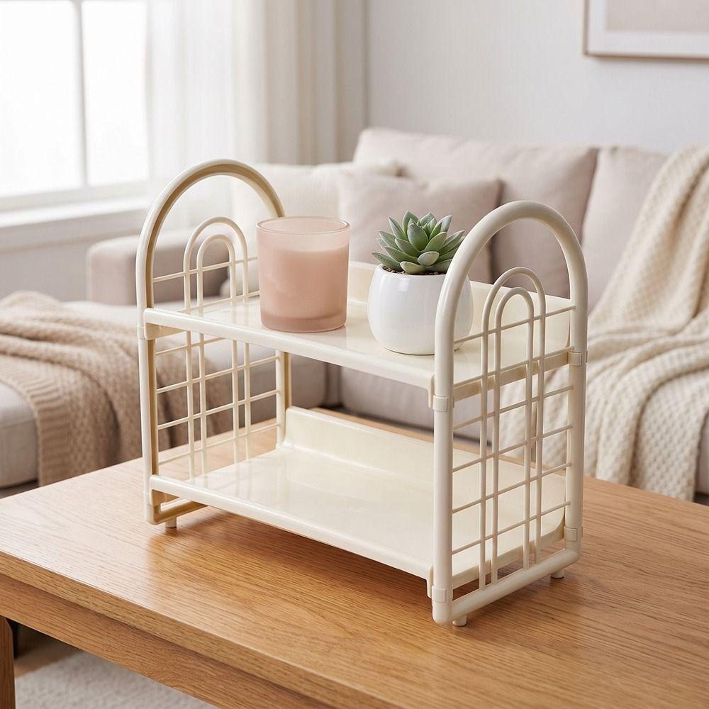 Plastic Double Layer Storage Rack Space Saving Desktop Organizer Shelf Hollow Out Organizer  Office