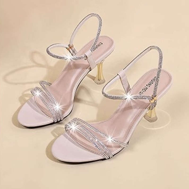 

Summer new high heels stiletto with transparent temperament rhinestone with skirt fashion sandals women 41 бежевый