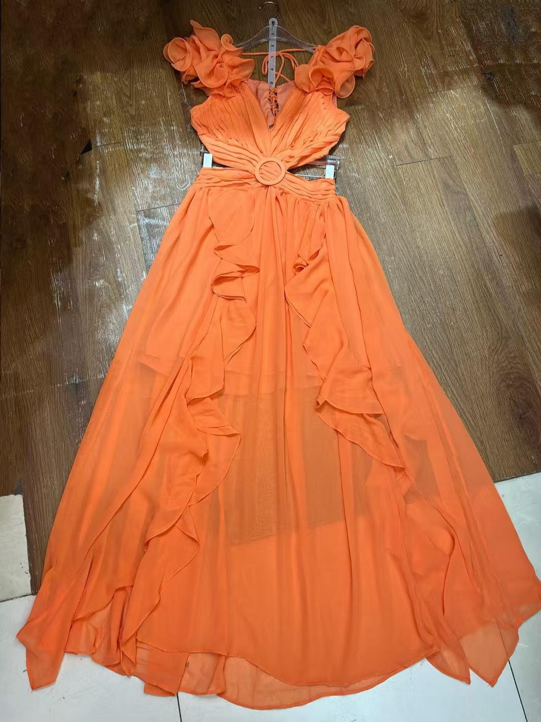 European & American Style Pleated Floral Cut-out Dress with Shoulder Straps M оранжевый