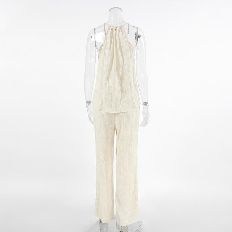 Retro Solid Color Round Neck Lace Up Sleeveless Top Sets Elegant High Waist Loose Wide Leg Pants Suit 2026 Summer Lady High Street Outfits
