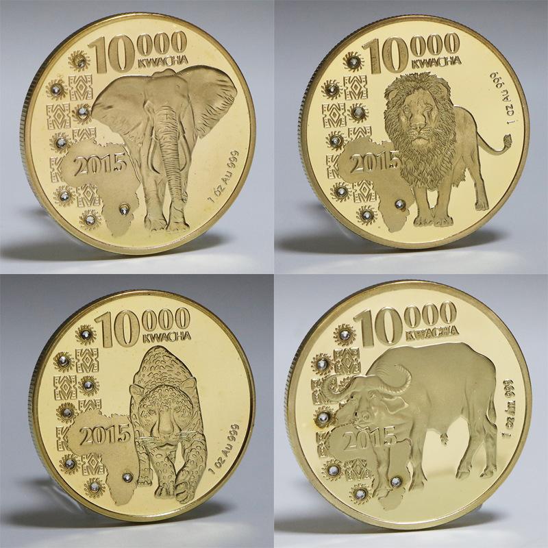 African Zambian commemorative coin, inlaid with leopard gold coins, wildlife elephant commemorative coins, foreign currency, coins