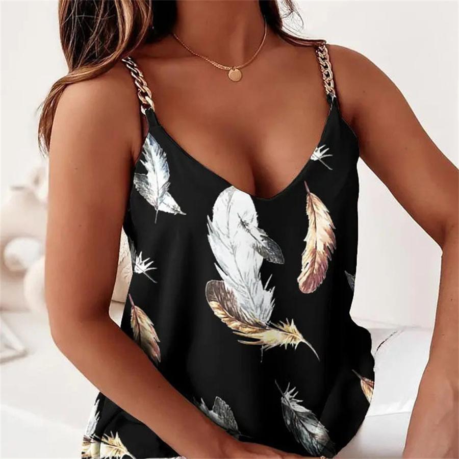 קיץ רצועת שרשרת ללא שרוולים Camis גופיה מודפסת לנשים