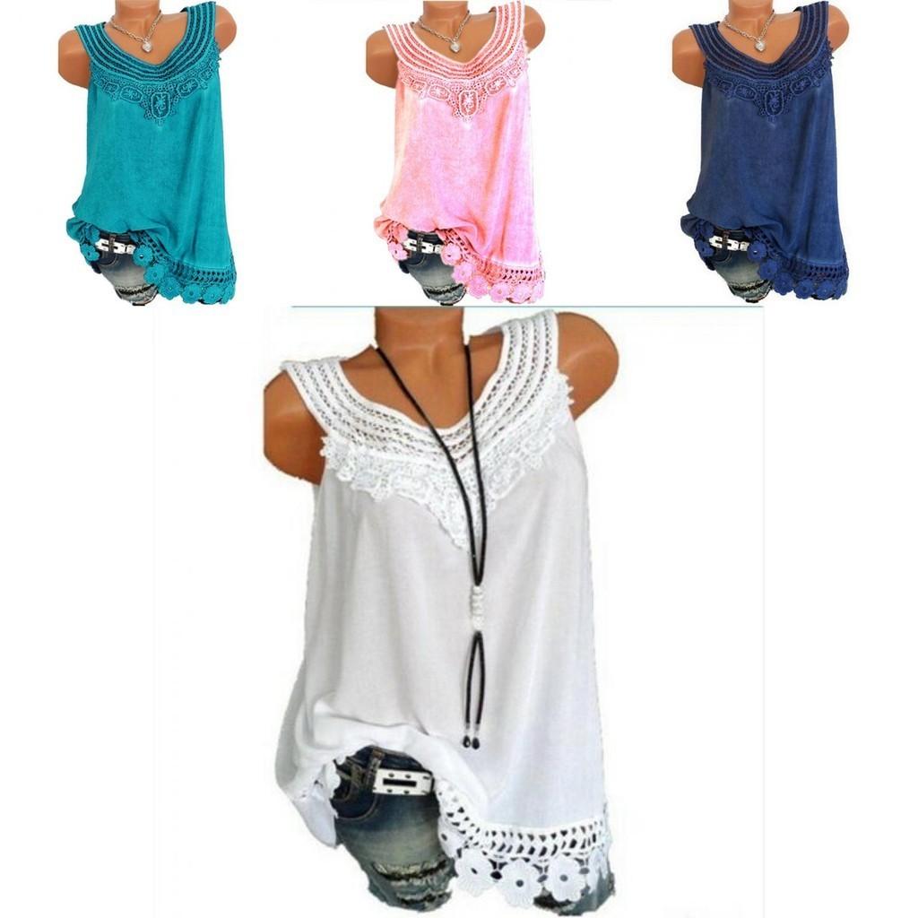 Women's Loose Sleeveless Vest T-shirt Blouse With Elegant Boho Lace Design In Plus Sizes