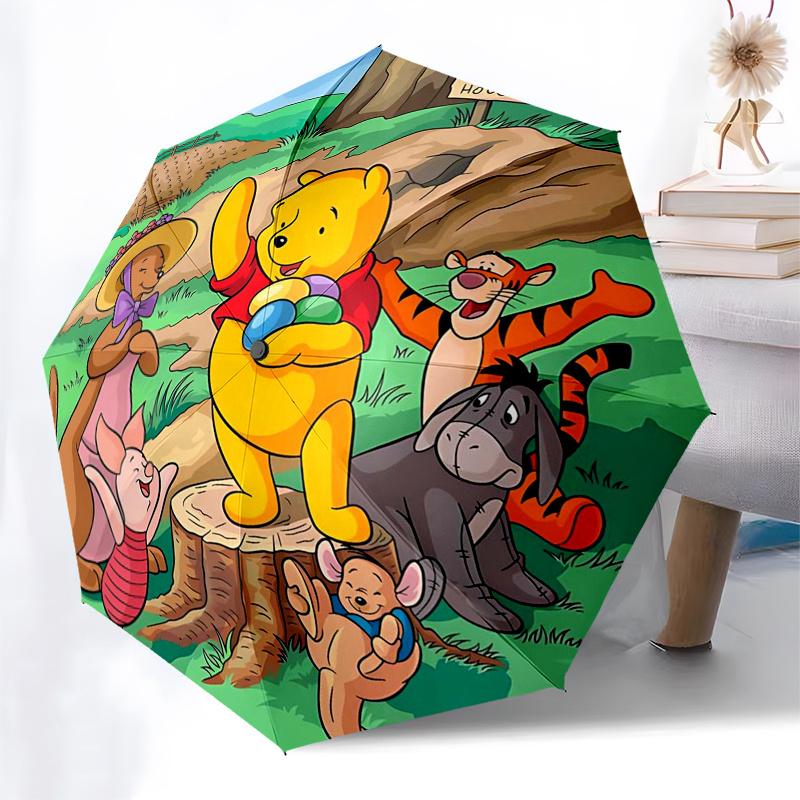 Ombrello da Viaggio a Tema Winnie the Pooh e Amici - 8 Stecche, Apertura e Chiusura Automatiche, Design Pieghevole Portatile, Ombrello Compatto ed Elegante Adatto