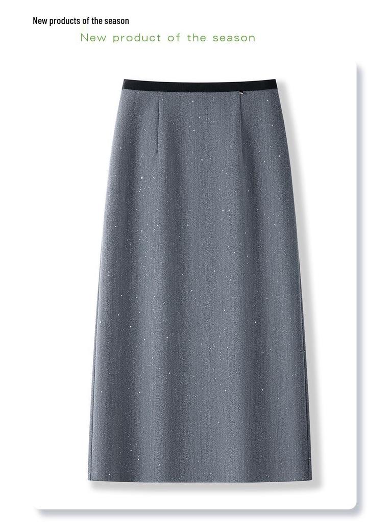 2025 New Spring High-Waisted Gray Sequin Midi Pencil Skirt for Women