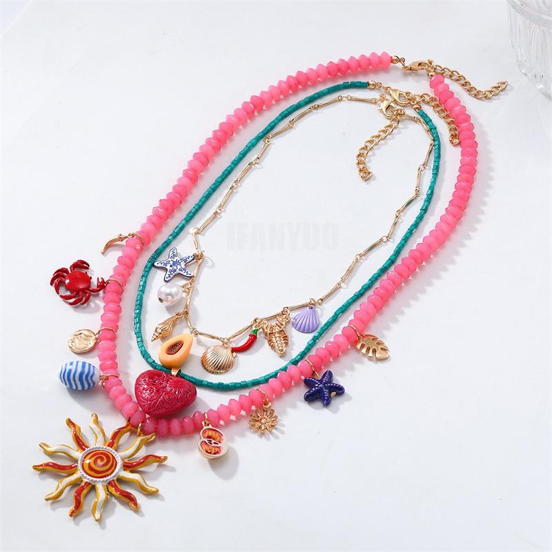 2025 New Colorful Resin Beaded Charms Necklaces for Women Summer Ocean Vacation Style Beach Party Zircon Neck Accessories