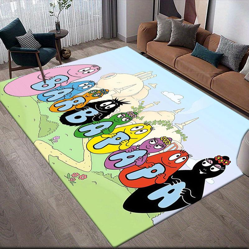 Barbapapa Flannel Printed Carpet, Home Sofa Decoration for Living Room & Bedroom, Non‑Slip Play Flannel Floor Mat for Game Room