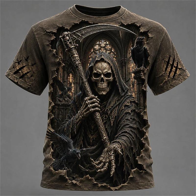 Men's New Summer Fashion Trend Round-Neck T-Shirt Giant Ram Skull Castle Wizard Dark Magic Hell Halloween-Themed Short-Sleeve