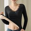 Damen Unterzieh-Tops V-Ausschnitt Spitzenbesatz Langarm Slim Fit Thermische Tops Einfarbig Gepolsterte Innenschicht Winterhemd