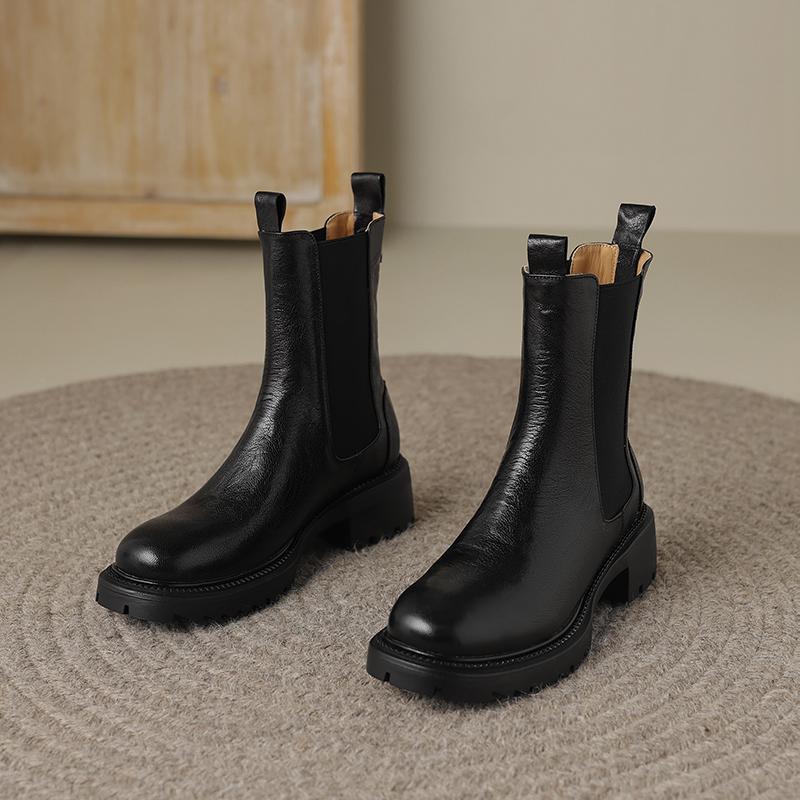 Krazing Pot Cow Leather Autumn Winter Shoes Round Toe Platform Plus Size Basic Clothing Thick Med Heels Slip On Chelsea Boots Women Ankle Boots