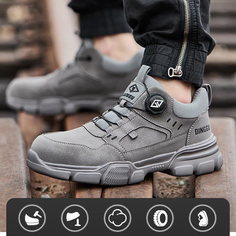 Rotating Button Grey Work Boots Safety Shoes Men Anti-smash Anti Puncture Protection Boots Steel Toe Shoes Work Sneakers Men