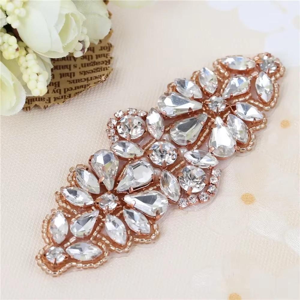 FZD 1 PC Silver Crystal Rhinestone Applique Gold Sew On For Wedding Dress Belt Pearl Patch Iron On Hot Fix Glitter Crystal Stone