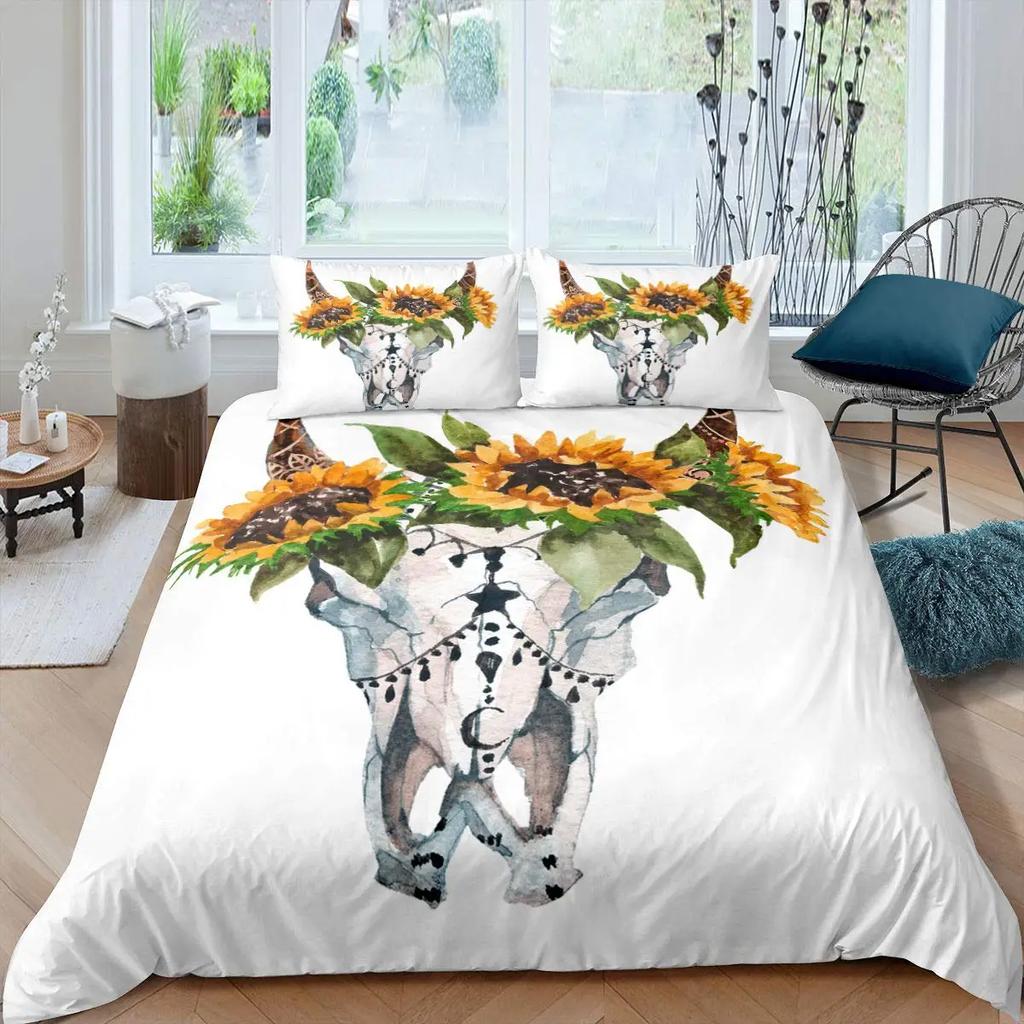 Bull Skull Duvet Cover Chic Feather Bedding Bohemian Exotic Branches Flower for Kids Teens Women Men Room Decoration Quilt Cover
