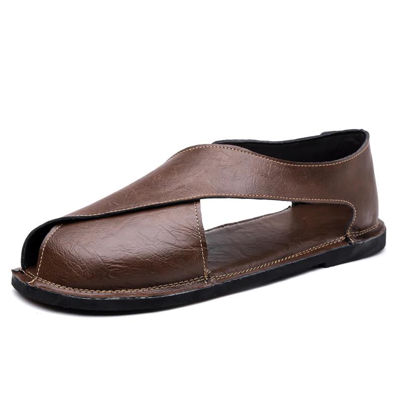 Men Flat Bottom Casual Leather Sandals Summer New British Style  Soft Bottom Anti-Slip Business Shoes Breathable Roman Sandals