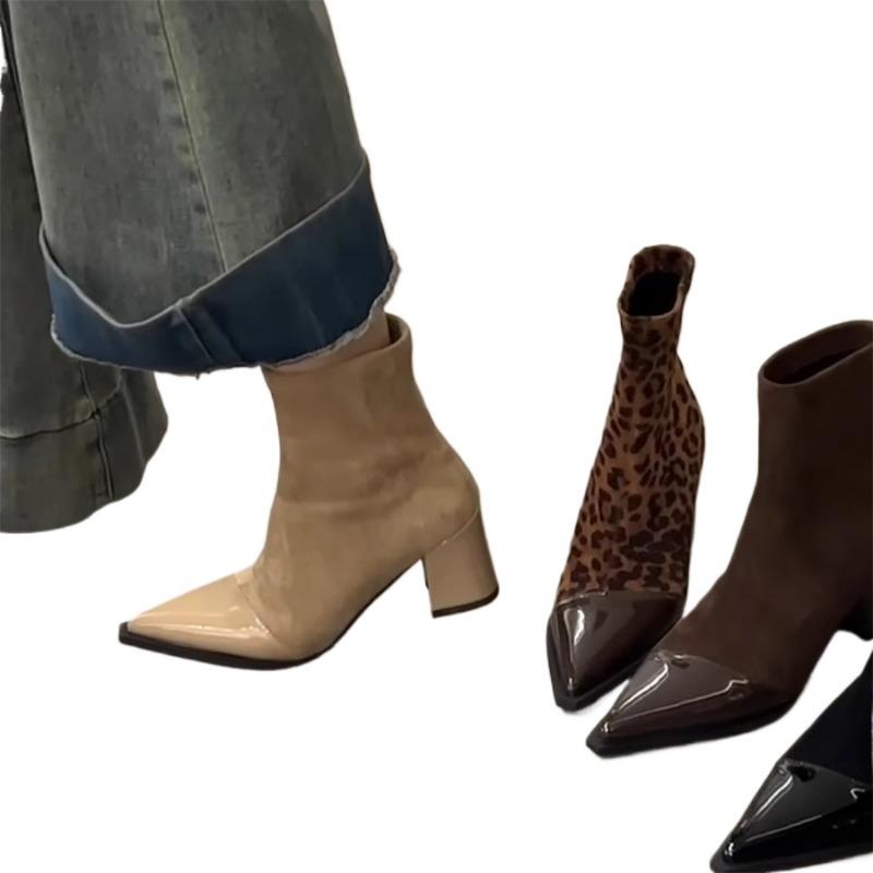Square Heel Ankle Modern Boots Winter Slip-on Women's Shoes on Sale 2024 Fashion Pointed Toe Low Heel Leopard Mixed Colors Boots