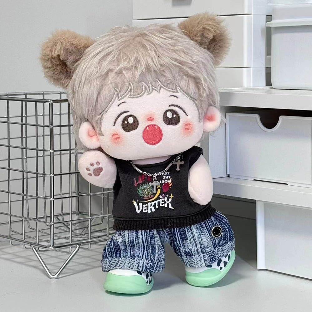 Niannyyhouse 20cm Plush Doll with Costume, Vest, Pants, and Jeans Set (Beige)