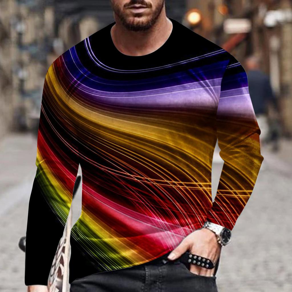 Spring and Autumn Round Neck 3D Line Printed Top Fashionable Casual Simple Long Sleeved Men's T-shirts