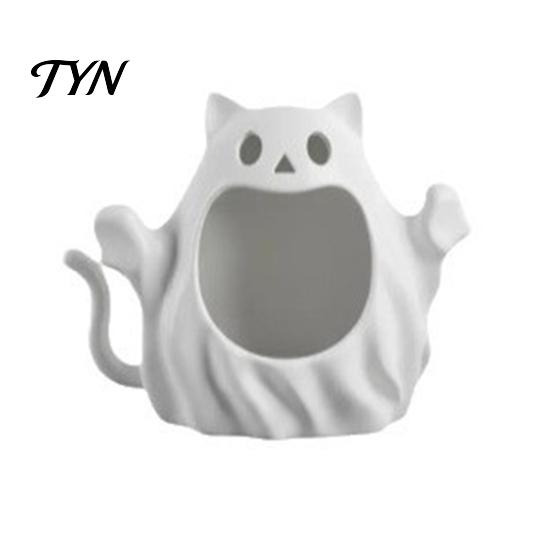 Funky Halloween Room Decor 3D Printed Ghost Cat Storage Holder, Decorative Kitten Statue with PLA Material Craft Hollow Storage, Candy Bowl,