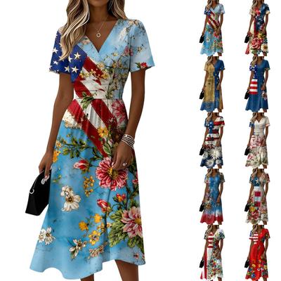 Damen Unabhängigkeitstag Print Lässiges Mode Kurzarm V-Ausschnitt Kleid