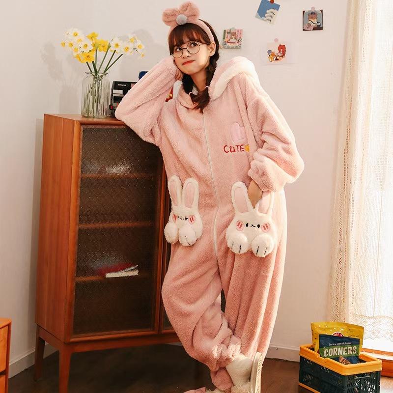 Winter Soft Girl Rabbit Pajamas Thickened Coral Fleece Cute One-piece Pajamas Girl Cartoon Ins Loungewear Nightgown