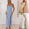 Women's Sweetheart Neck Sleeveless Solid Color Bodycon Maxi Dress with Slit Ruffle Trim Sexy Evening Party Long Dress