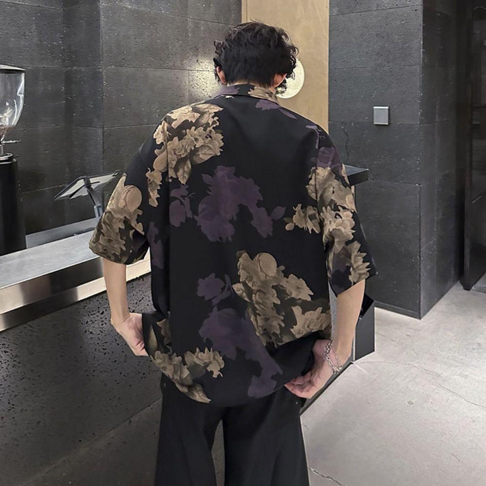 Loose Beachwear Shirts Men V-neck Short Sleeve Shirts All Match Women Flower Blouse Summer