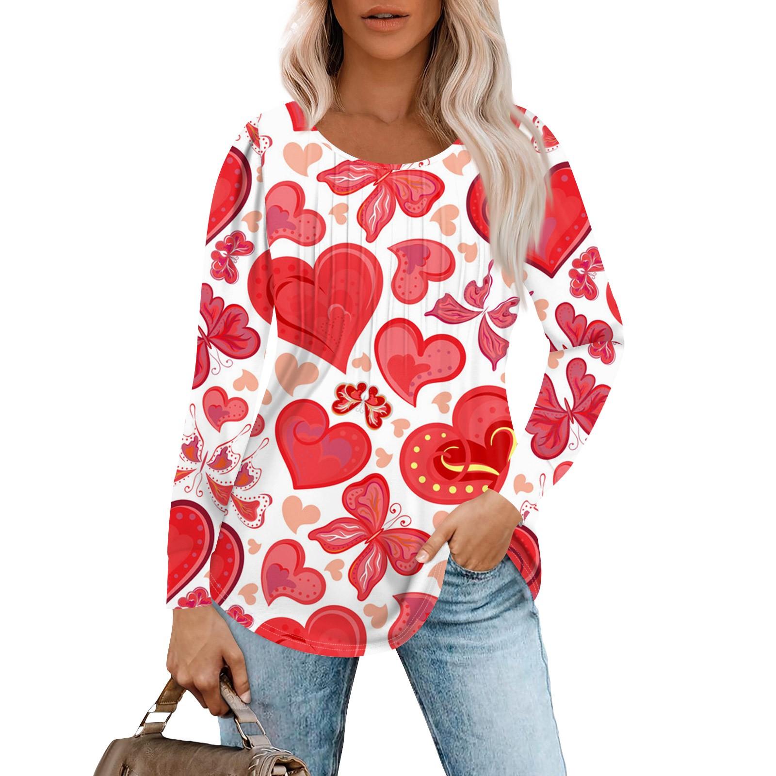 

Женская модная повседневная плиссированная футболка с круглым вырезом и принтом в виде сердца ко Дню святого Валентина с длинными рукавами S