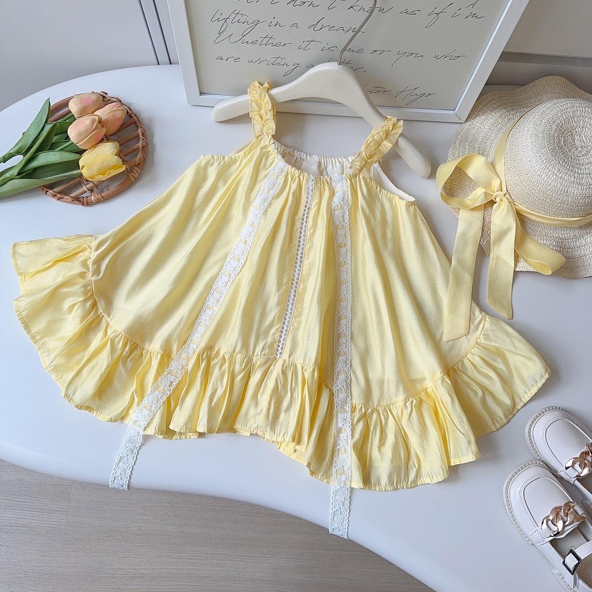 Summer Girls Mori Lace Spaghetti Strap Dress Vacation Princess Dress Kids Clothing 90cm