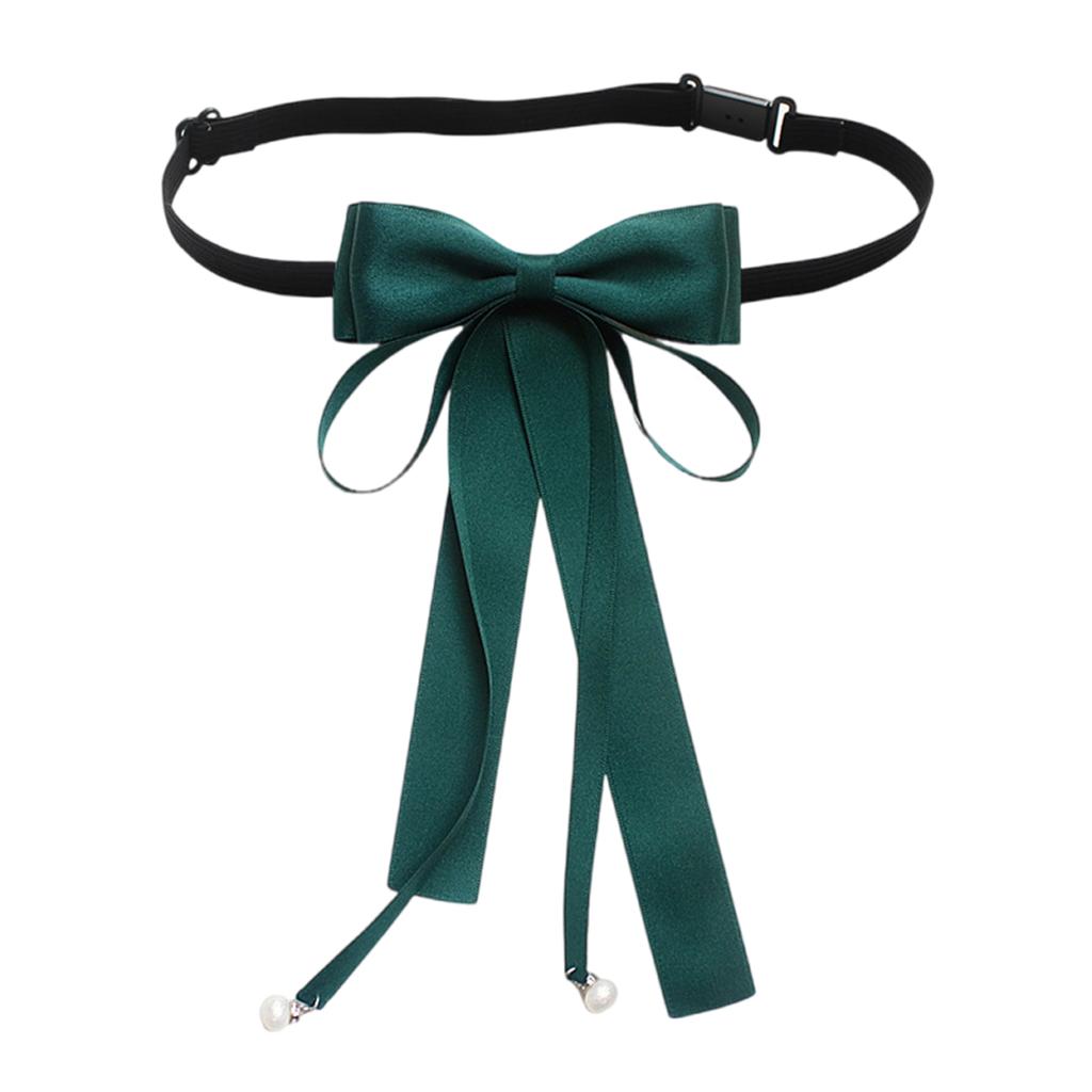 Elegant Pearls Long Ribbon Bowtie with Pin Pre Tied Adjustable Preppy Styles Bowknot Necktie for Fashionable Women Ties