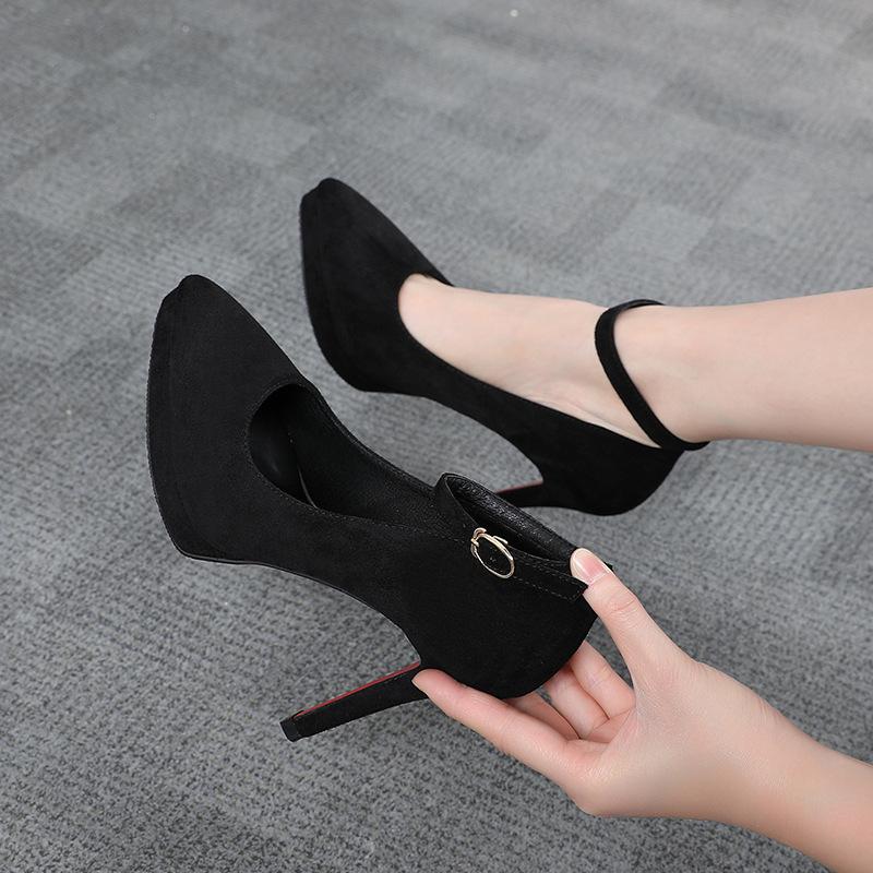 Fashion Women's Pumps High Heels Ankle Strap Flock Female Platform Shoes Mary Jane Women Shoes Ladies Footwear