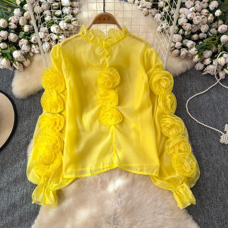 

Accessible Luxury Socialite Style Fancy Lantern Sleeve Shirt Women s Mesh Three-Dimensional Flower Loose Design Niche Temperament Tops Yellow One size