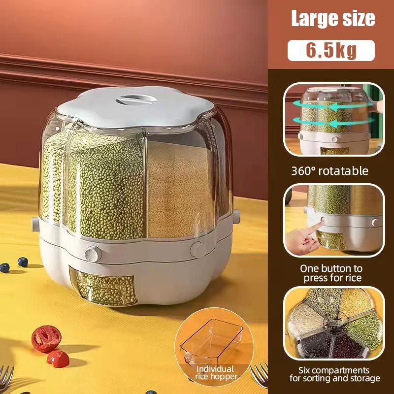 360 Degree Rotating Rice Dispenser Kitchen Storage Box Sealed Dry Cereal Grain Bucket Dispenser Moisture-proof Food Container
