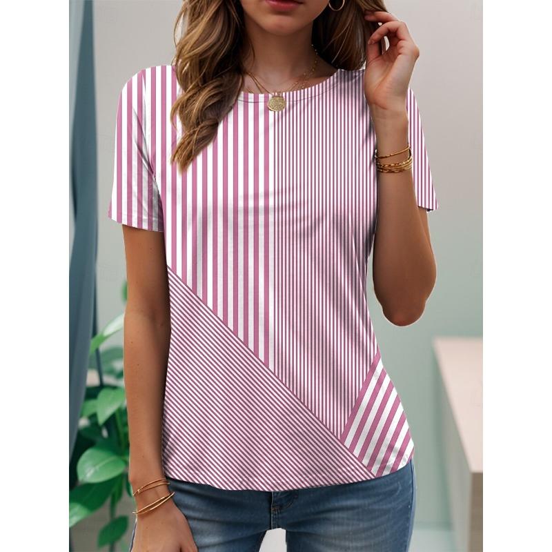 Women's Casual T-shirt 3D Printed Striped Print Round Neck Retro Elegant Long Sleeves Women's Fashion Pullover Long Sleeve Tops