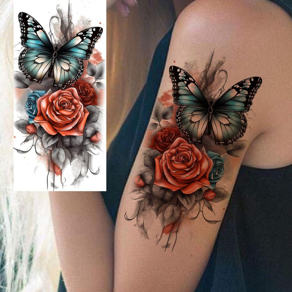 1 Sheet Butterfly Watercolor Flower Tiger Temporary Tattoos For Women Men Adults Fake Phoenix Parrot Lotus Tattoo Sticker Sleeve