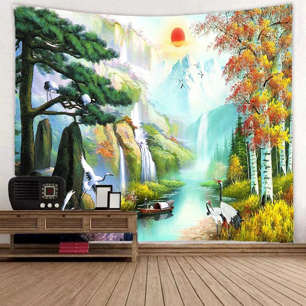 Naturalny krajobraz gobelin pokój estetyczna dekoracja górski wodospad ptak zachód słońca kwiat ściana wisząca dekoracja domu
